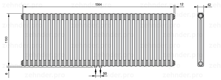 Схема (чертеж) Радиатор Zehnder Charleston 2110/34 №3470 Белый глянцевый RAL 9016